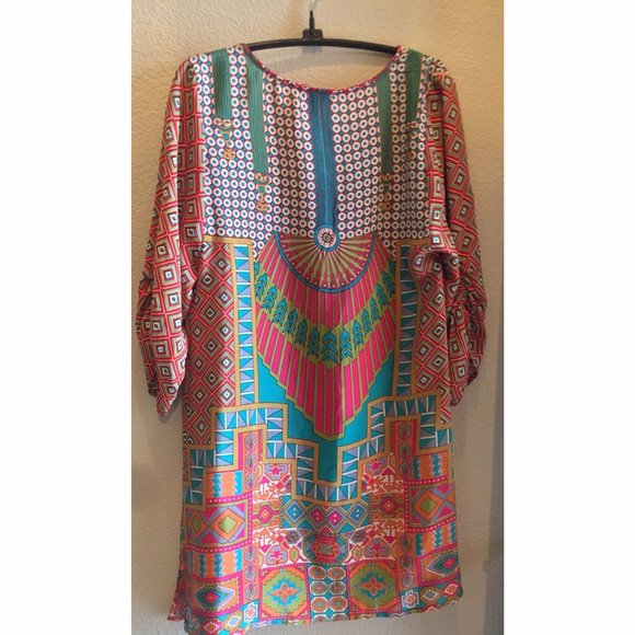 Tolani Silk Tunic Top Boho Multi Color Print Tie F - Picture 2 of 4
